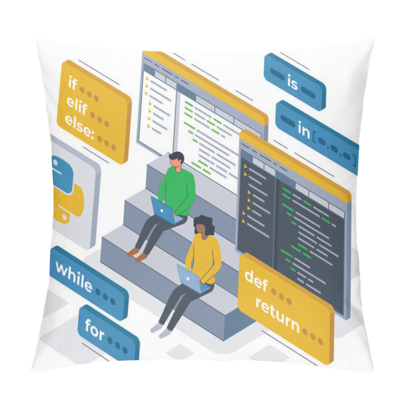 Personality  Python Programming Language Isometric Illustration Building A Program Pillow Covers