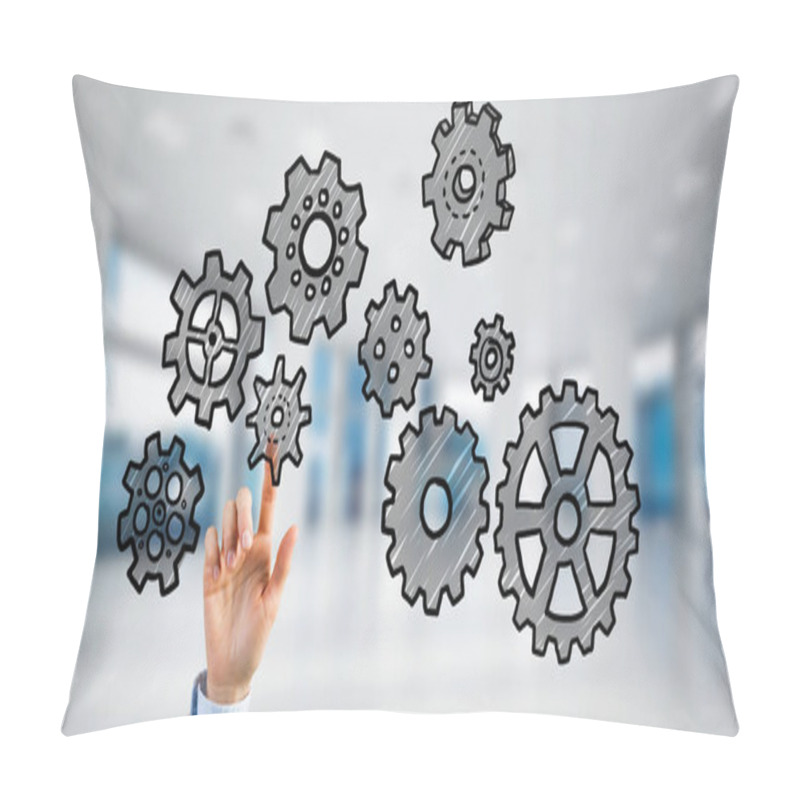 Personality  Close Of Businesswoman Hand Touching Gears On Screen With Finger And Office At Background Pillow Covers