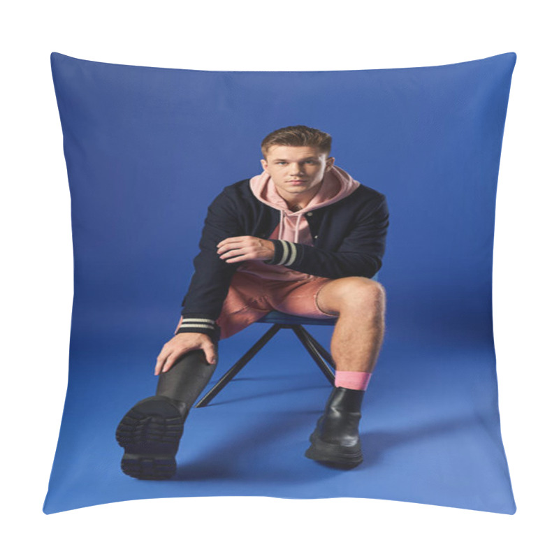 Personality  Young Man Confidently Poses With A Prosthetic Leg While Wearing Trendy Clothing And Footwear. Pillow Covers