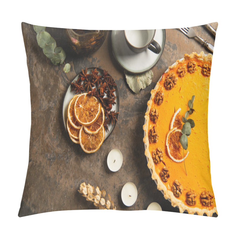 Personality  Stone Table With Thanksgiving Pumpkin Pie Near Tea And Spices With Orange Slices, Autumnal Theme Pillow Covers