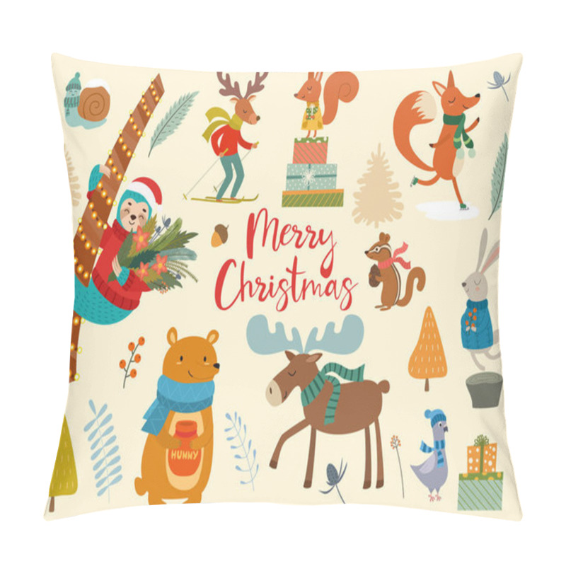 Personality  Cute Winter Wild Animals And Floral Elements. Ideas For Postcards And Posters. Vector Illustrations. Merry Christmas Card. Pillow Covers