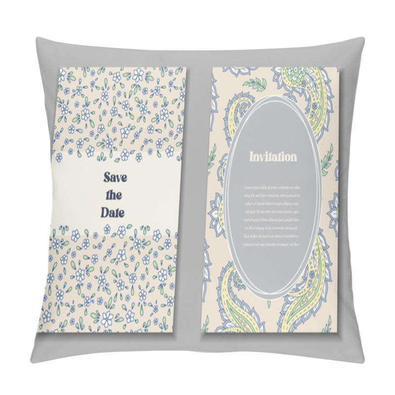 Personality  Two Greeting Cards Templates Set With Floral Paisley Motifs. Wedding Invitation With Oriental Flowers Decoration. Modern Abstract Botanical Stationary Design. Pillow Covers