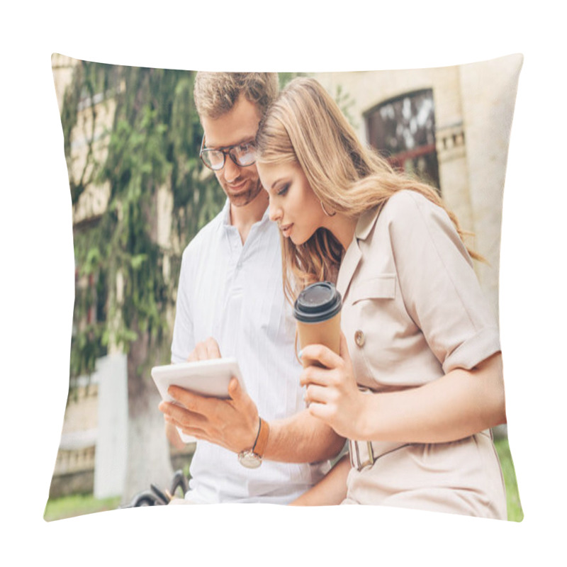 Personality  Stylish Young Couple Using Tablet Together Near Old Building Pillow Covers