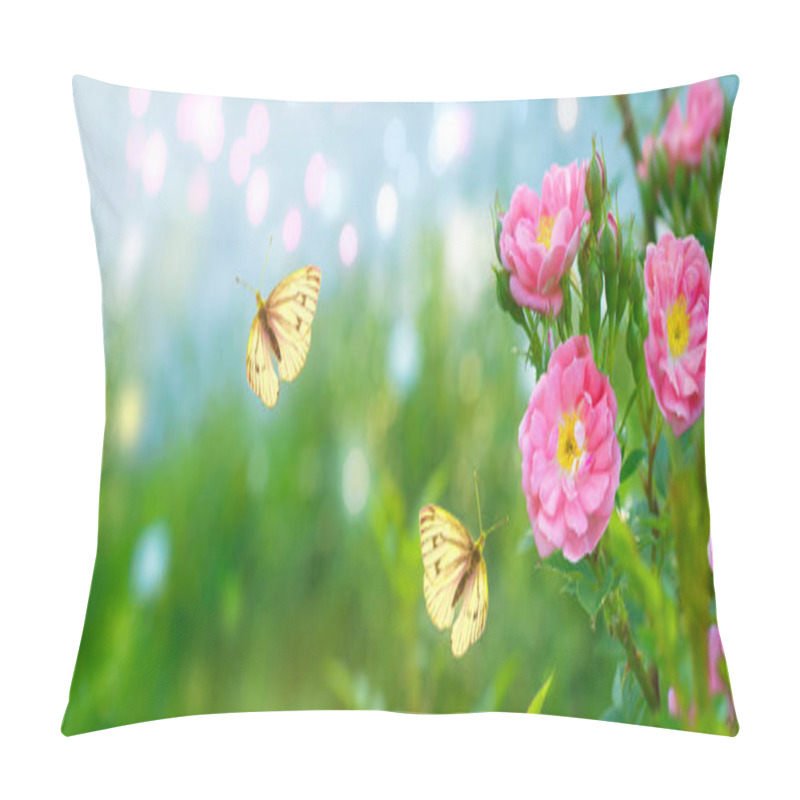 Personality  Mysterious Spring Floral Bright Banner With Blooming Pink Rose Pillow Covers