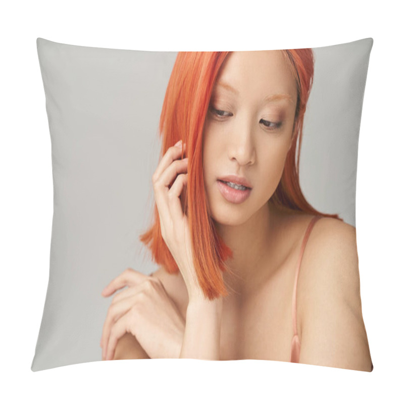 Personality  Alluring Asian Woman With Perfect Skin And Natural Makeup Looking Away On Grey Background Pillow Covers