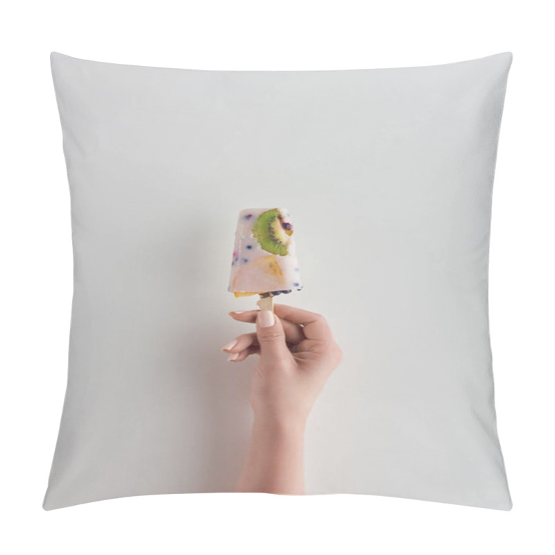 Personality  Cropped Shot Of Person Holding Fresh Cold Fruity Popsicle On Grey  Pillow Covers