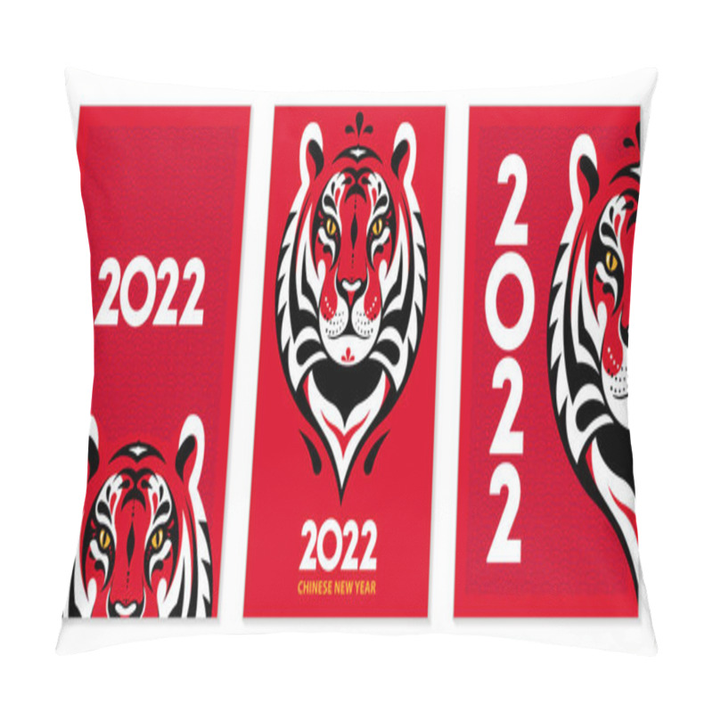 Personality  New Year 2022 Illustration Set. Tiger Head With Decorative Elements. Illustrations With Symbol Chinese Zodiac. Modern Vector Graphics For Poster, Card, Invitation, Banner. Red Background. Pillow Covers