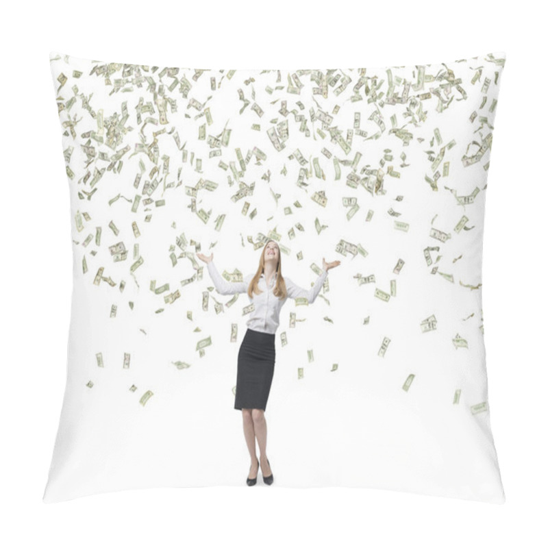 Personality  Business Woman Among Flying Dollars Pillow Covers