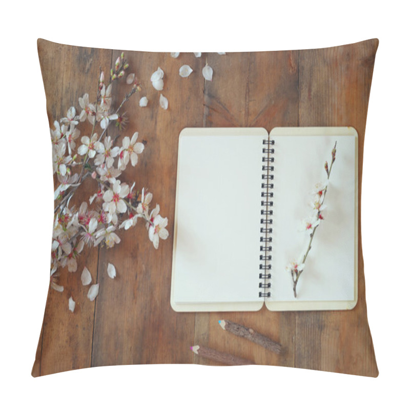 Personality  Top View Image Of Spring White Cherry Blossoms Tree, Open Blank Notebook Next To Wooden Colorful Pencils On Wooden Table. Vintage Filtered And Toned Image Pillow Covers