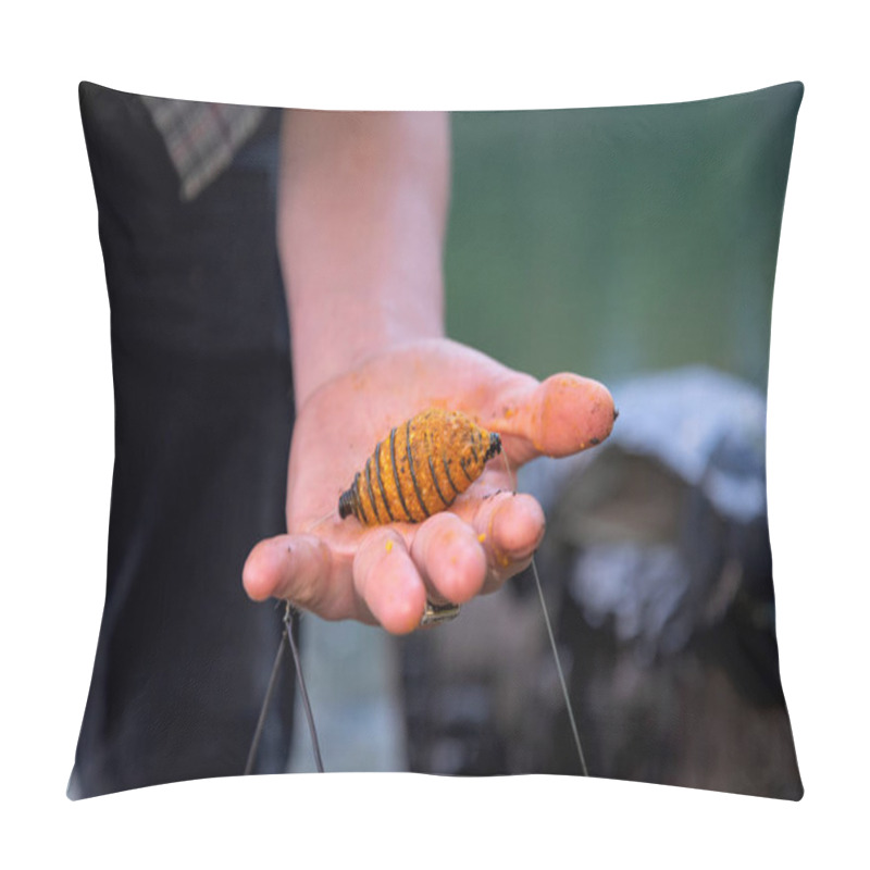 Personality  The Hands Of The Fisherman On Fishing Wear A Worm On The Hook And Hold The Feeder With Fish Food Pillow Covers