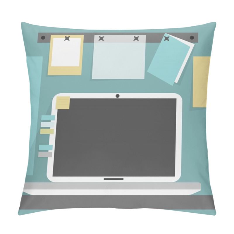 Personality  Open Laptop On The Desk And Background Wall With Clipped Papers And Card Pillow Covers