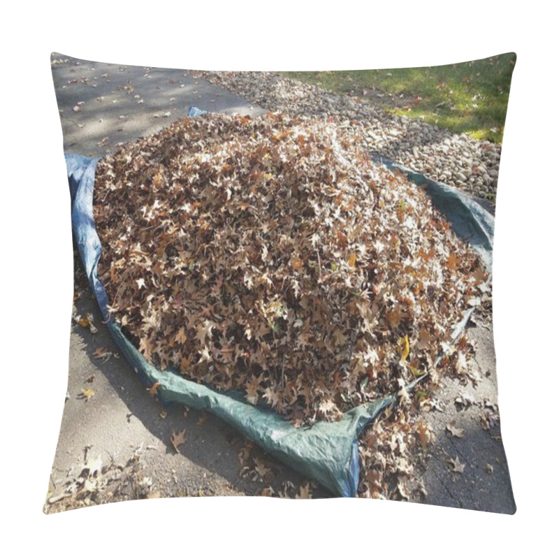 Personality  Pile Of Brown Leaves On Blue Tarp In Fall Pillow Covers