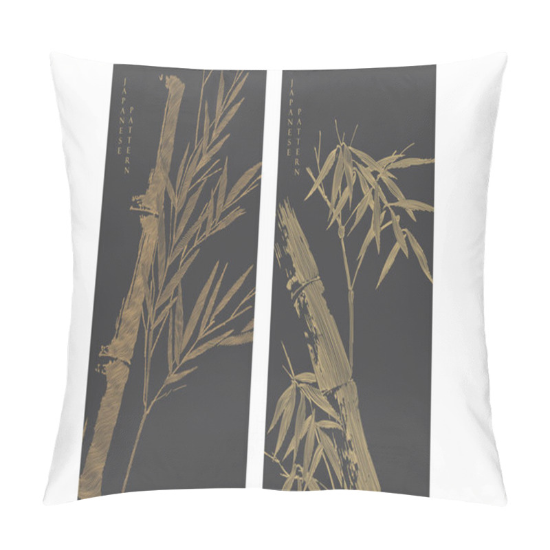 Personality  Hand Drawn Branch Of Bamboo Leaves Element With Line Pattern Vector On Black Bakground. Oriental Decoration With Logo Design, Flyer Or Presentation In Vintage Style. Pillow Covers