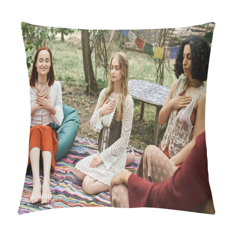 Personality  Young Woman Meditating Near Smiling And Multiethnic Girlfriends On Meadow In Retreat Center Pillow Covers