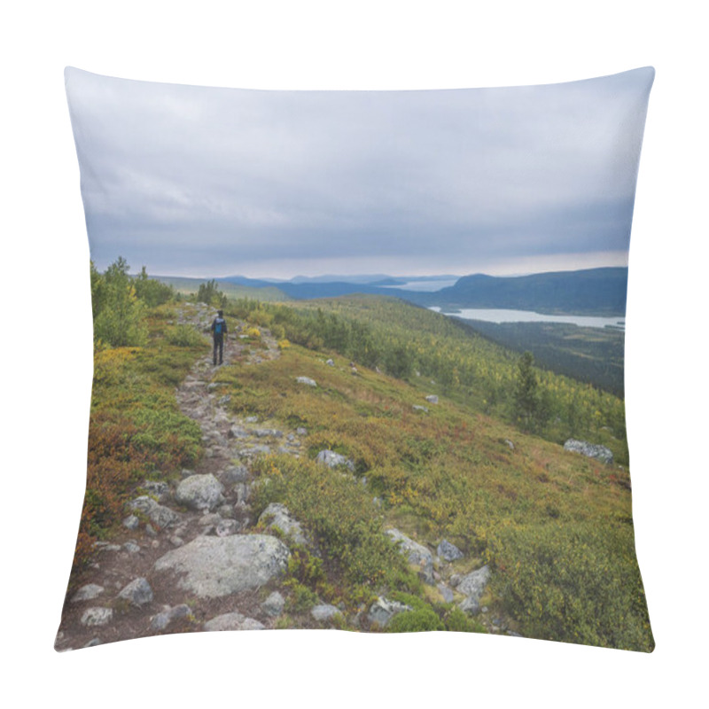 Personality  Man Backpack Hiker At Kungsleden Trail Admiring Nature Of Sarek In Sweden Lapland With Mountains, River And Lake, Birch And Spruce Tree Forest. Early Autumn Colors, Blue Sky White Clouds. Pillow Covers