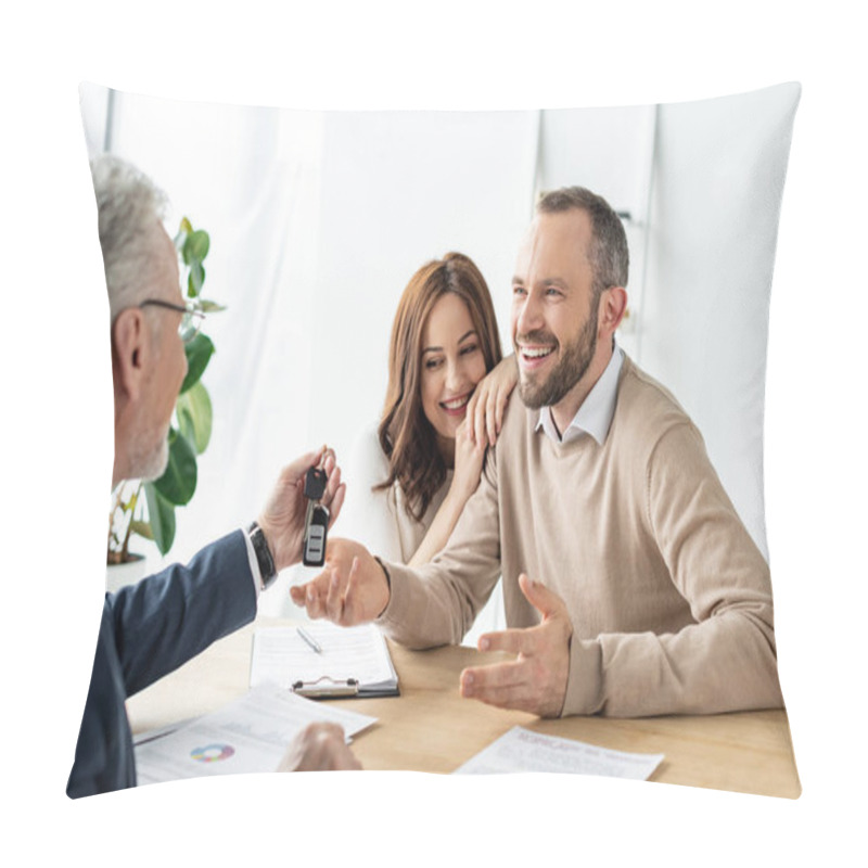 Personality  Selective Focus Of Cheerful Man Looking At Car Dealer Holding Car Key  Pillow Covers