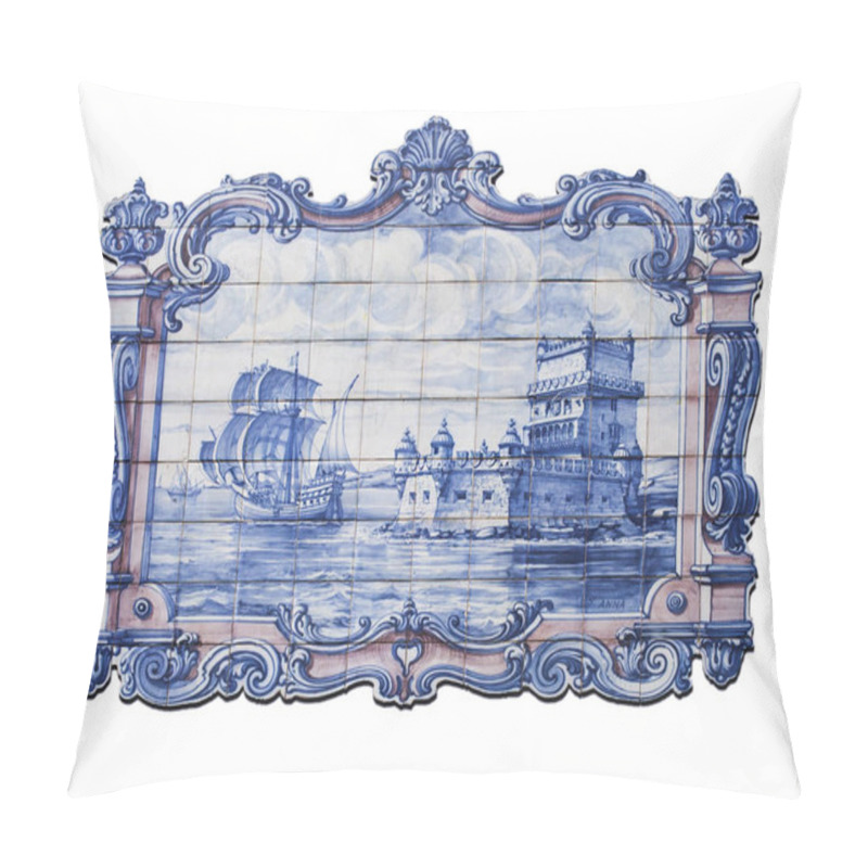 Personality  Lisbon, Portugal - March The 1st, 2020: Glazed Tile Wall Depicting Belem Tower At 16th Century With Sailing Boat Departure. Scene Made By Sant Anna Factory  Pillow Covers