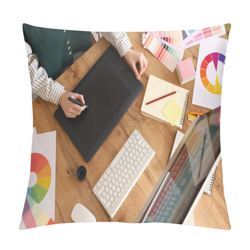 Personality  Female Graphic Designer Working With Tablet On Table In Office, Top View Pillow Covers