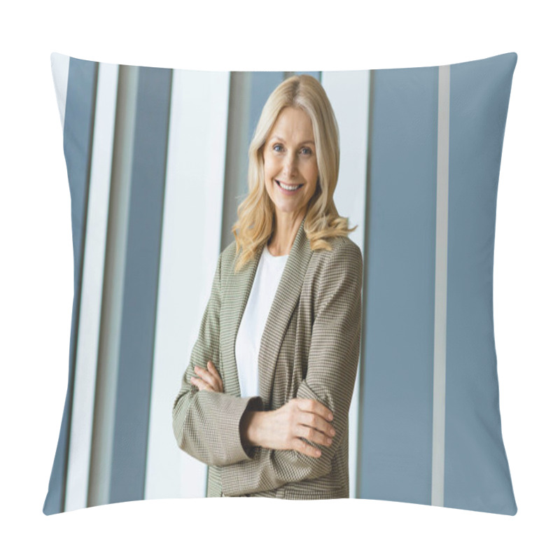 Personality  Beautiful And Cheerful Mature Adult Senior Woman Standing In The Office - Portrait Of Successful Corporate Businesswoman With Formal Elegant Dress Pillow Covers