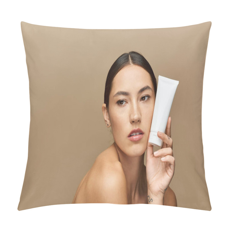 Personality  Woman Holds Skincare Product Near Her Face, Radiating Beauty And Confidence In A Serene Setting. Pillow Covers