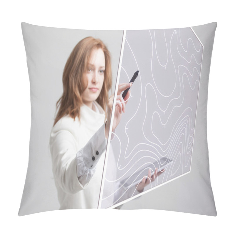 Personality  Geographic Information Systems Concept, Woman Scientist Working With Futuristic GIS Interface On A Transparent Screen. Pillow Covers