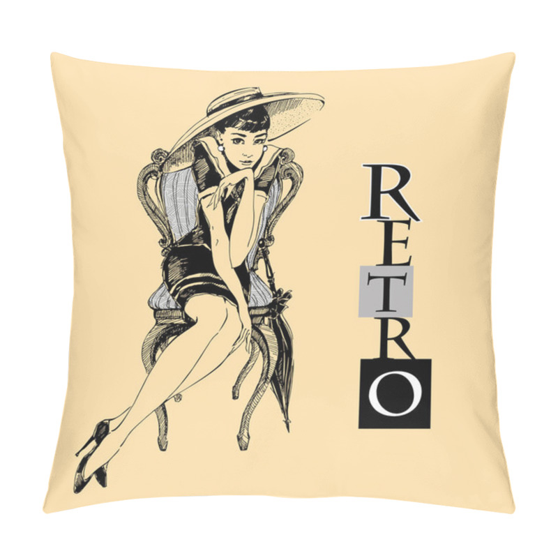 Personality  Retro Girl In Hat. Elegant Lady. Graphics Vector Pillow Covers