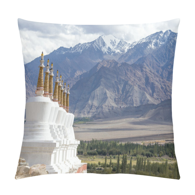 Personality  Buddhist Chortens (stupa) And Himalayas Mountains In The Background Near Shey Palace In Ladakh, India  Pillow Covers