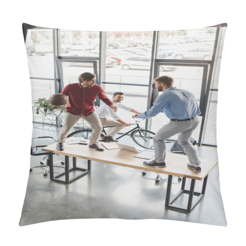 Personality  High Angle View Of Young Businessmen Having Fun With Basketball Ball At Workplace Pillow Covers