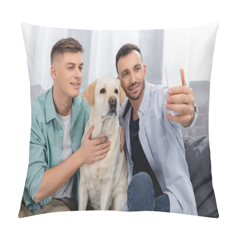 Personality  Cheerful Same Sex Couple Smiling And Taking Selfie With Labrador Pillow Covers