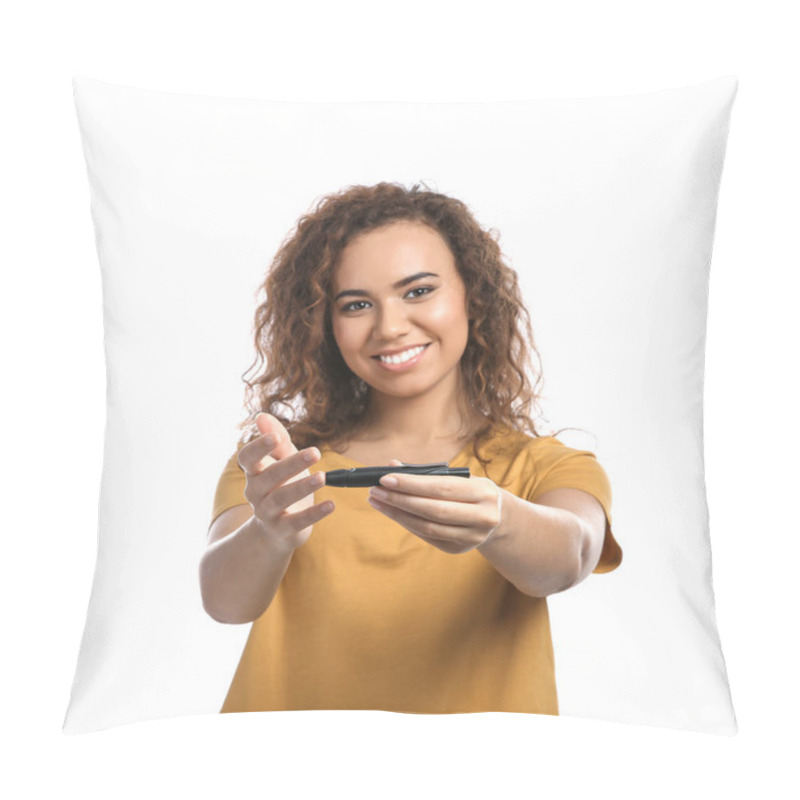 Personality  Young African-American Woman Using Lancet Pen On White Background. Diabetes Control Pillow Covers