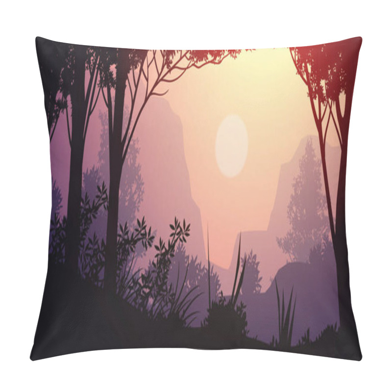 Personality  Natural Forest Mountains Horizon Hills Silhouettes Of Trees. Evening Sunrise And Sunset. Landscape Wallpaper. Illustration Vector Style. Colorful View Background. Pillow Covers