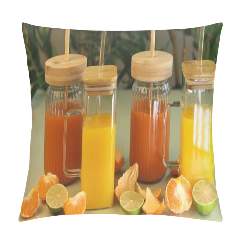 Personality  Glass Jars With Fresh Juices Placed Alongside Orange Slices, Raspberries, And Lime Peels Highlight Zero-waste Nutrition With Eco-conscious Containers. Natural Balance Focus. Pillow Covers