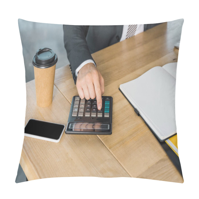 Personality  Cropped Image Of Businessman Using Calculator During Work In Office Pillow Covers