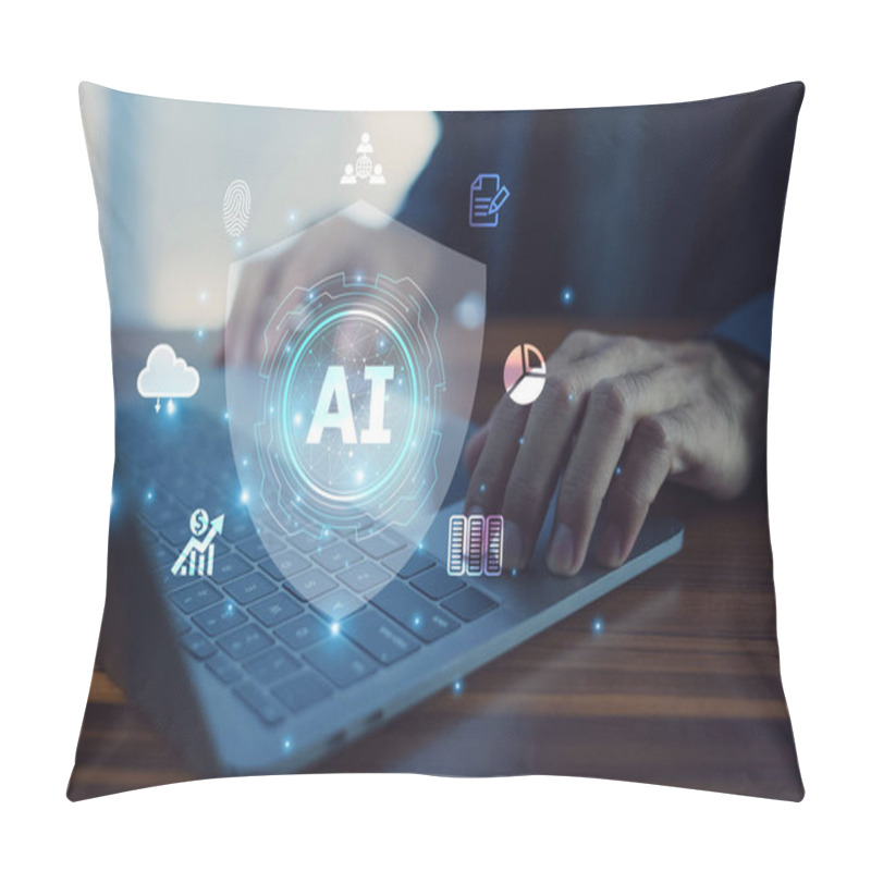 Personality  Businessman Integrates AI Technology For Security Management To Safeguard Business Operations And Ensure Data Integrity. Pillow Covers