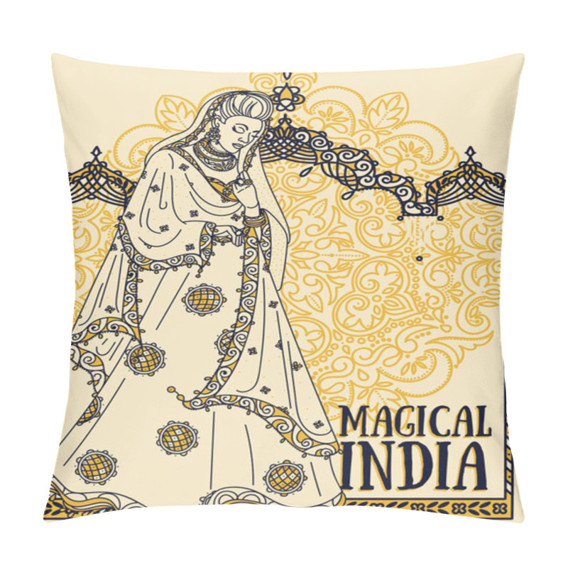 Personality  Beautiful Indian Woman In Traditional Saree And Traditional Indian Arch Pillow Covers