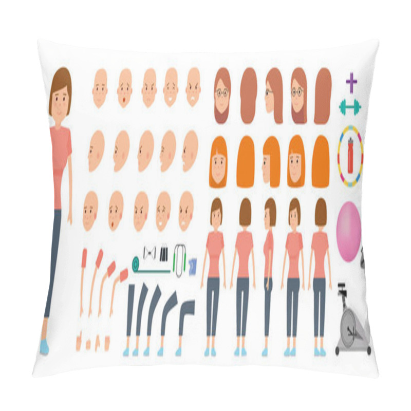 Personality  Woman Character Creation Set. Sportswoman And Sports Equipment For Fitness. Pillow Covers