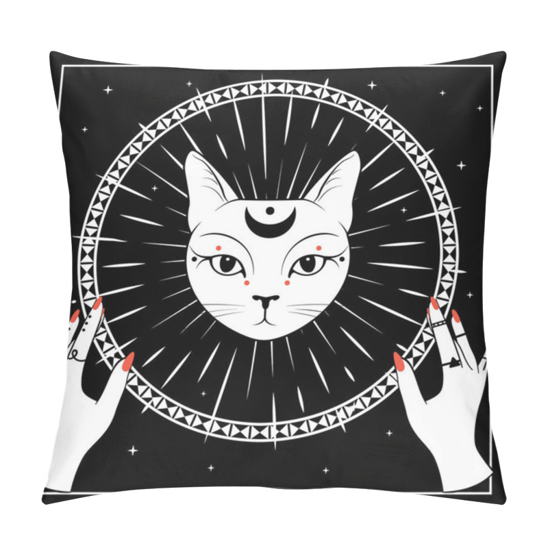 Personality  White Cat Face With Moon On Night Sky With Ornamental Round Frame. Hands With Rings. Pillow Covers