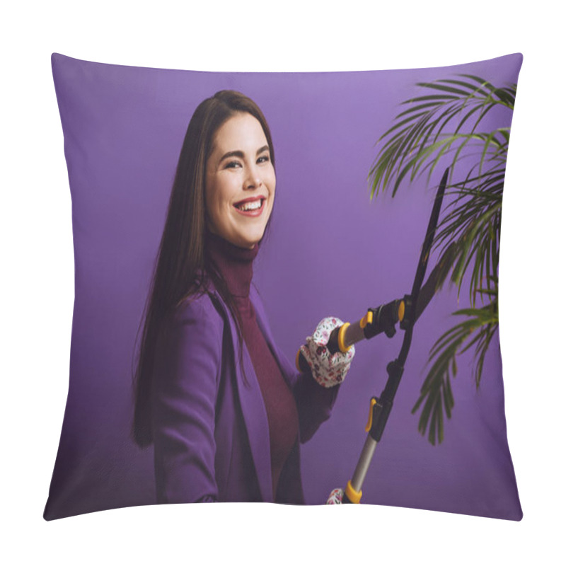 Personality  Smiling Young Woman Cutting Plant With Gardening Scissors On Purple Background Pillow Covers