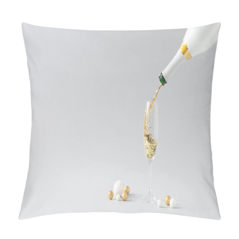 Personality  Champagne Bottle Pouring Golden Glitter Into Glass With White And Golden Decoration Against Grey Background. Celebration Minimal Christmas Party. Pillow Covers