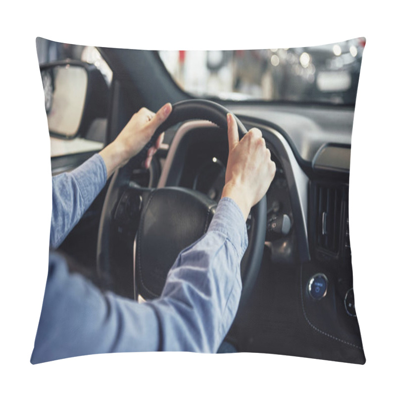 Personality  Auto Business, Car Sale, Consumerism And People Concept - Happy Woman Taking Car Key From Dealer In Auto Show Or Salon. Pillow Covers