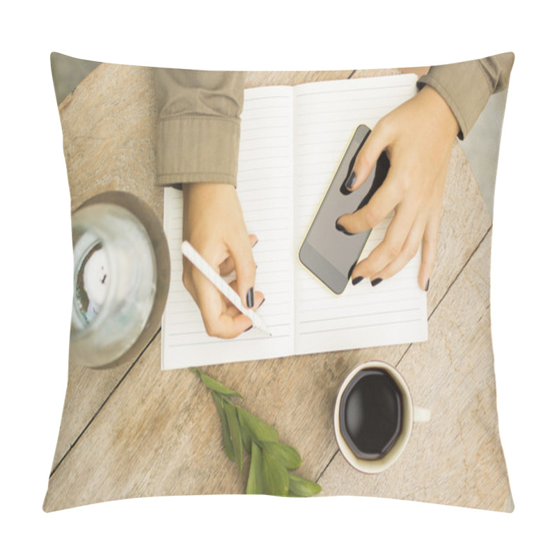 Personality  Woman Writes In Notebook With Cell Phone Pillow Covers