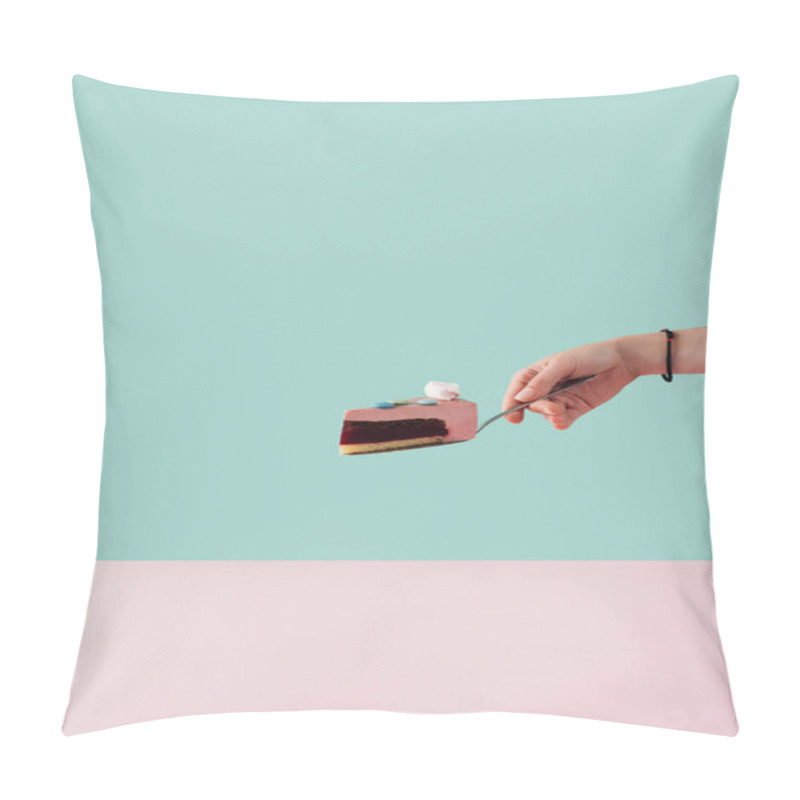 Personality  Cropped View Of Tattooed Hand With Piece Of Cake With Marshmallow On Cake Shovel Pillow Covers