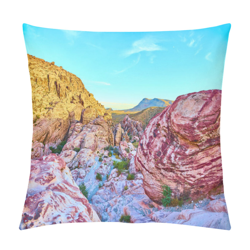 Personality  Experience The Vibrant Hues Of Red Rock Canyon In Nevada. This Stunning Desert Landscape With Layered Rock Formations And A Vast Mountain Backdrop Invites Adventure And Serenity During Golden Hour. Pillow Covers