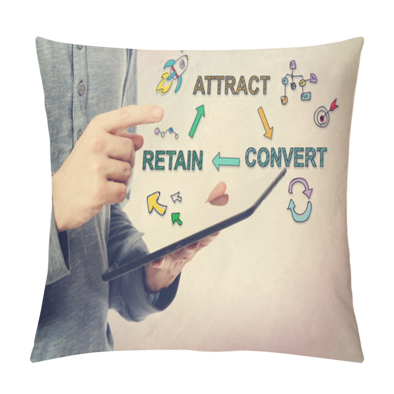 Personality  Man Pointing At Customer Acquisition Concept Over A Tablet Pillow Covers