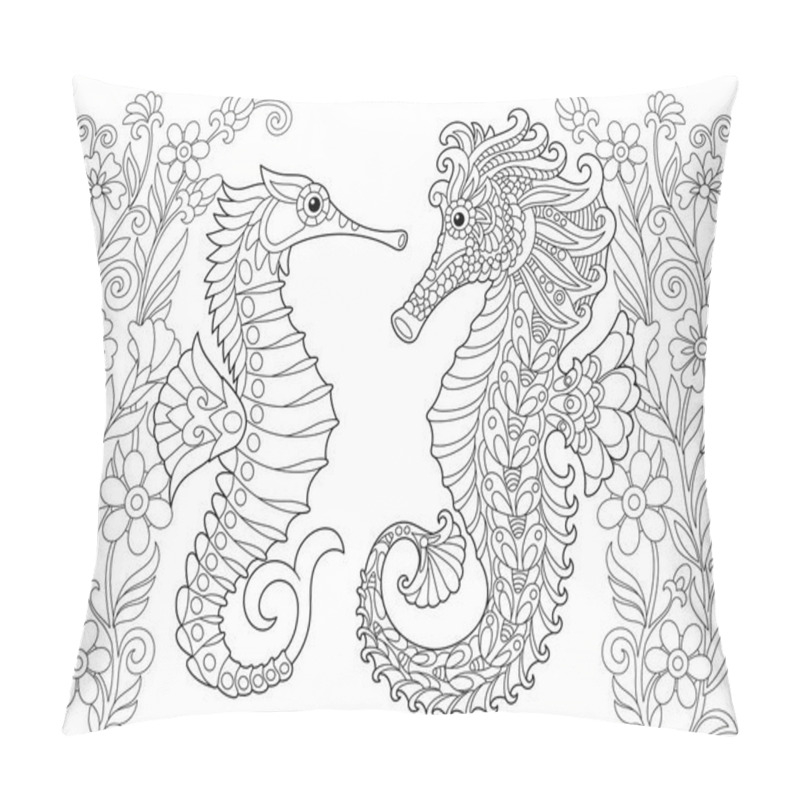 Personality  Zentangle Stylized Seahorse And Flowers Pillow Covers