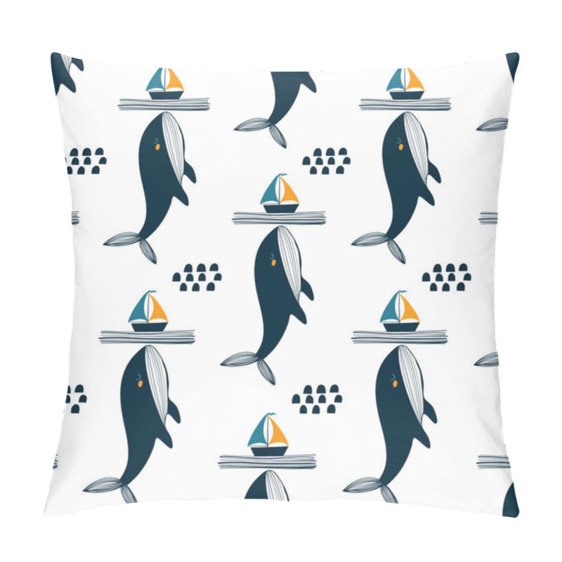 Personality  Seamless Pattern With Hand Drawn Whale, Sea And Ship On A White Background. Vector Design For Wrapping Paper, Textile.  Pillow Covers