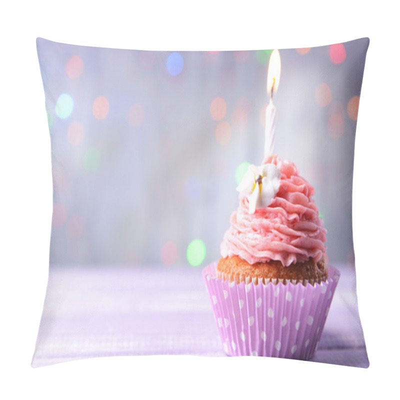 Personality  Delicious Birthday Cupcake On Table On Light Background Pillow Covers