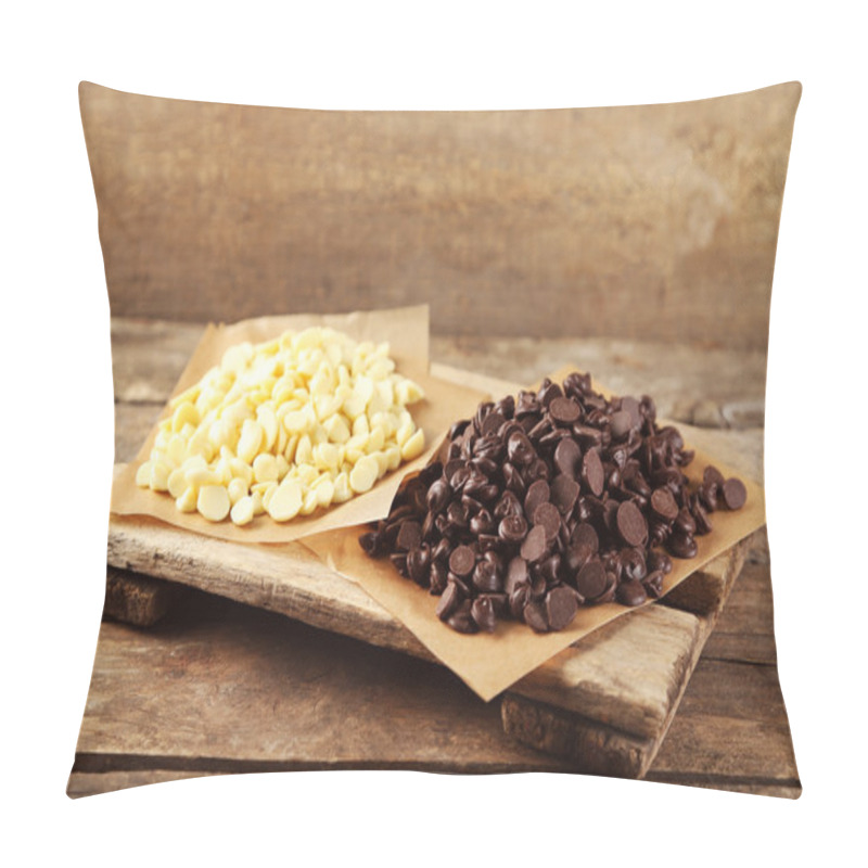 Personality  Chocolate Morsels On Board, On Wooden Background Pillow Covers