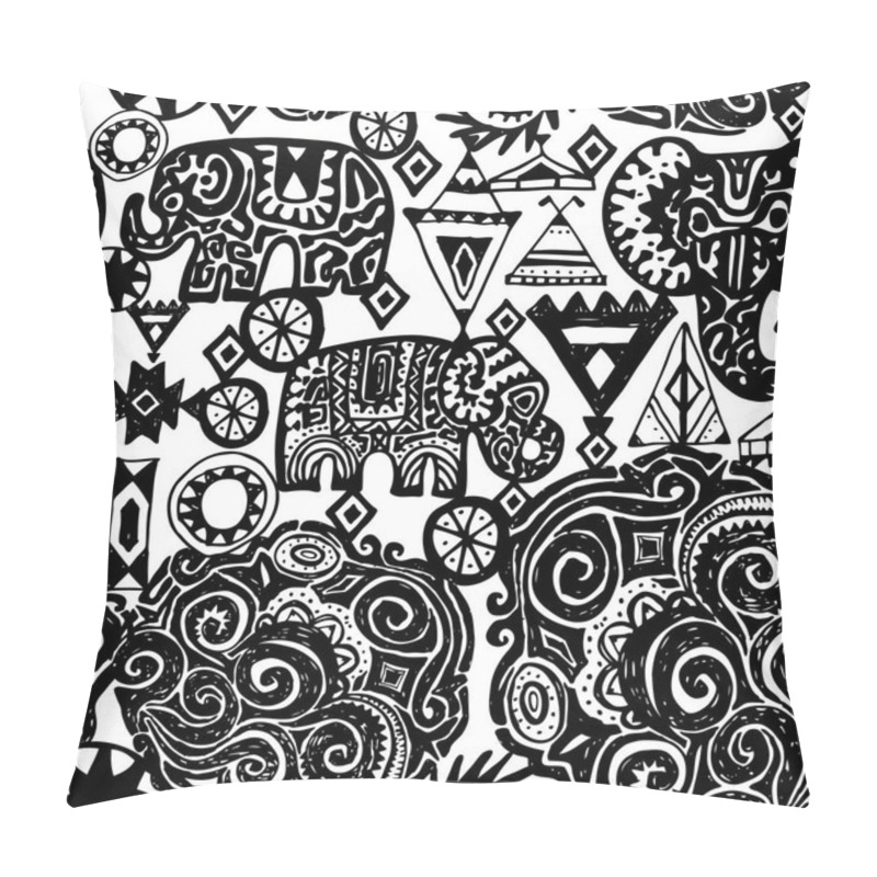 Personality  Beautiful Seamless Pattern Indian Elephant With Ornamental. Hand Drawn Ethnic Tribal Decorated Elephant. White Contour On Black Background. For Site, Blog, Fabric. Vector Illustration Pillow Covers