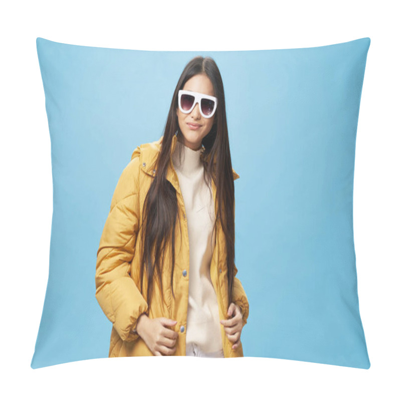 Personality   Woman In Sunglasses And In A Warm Jacket On An Isolated Background Pillow Covers